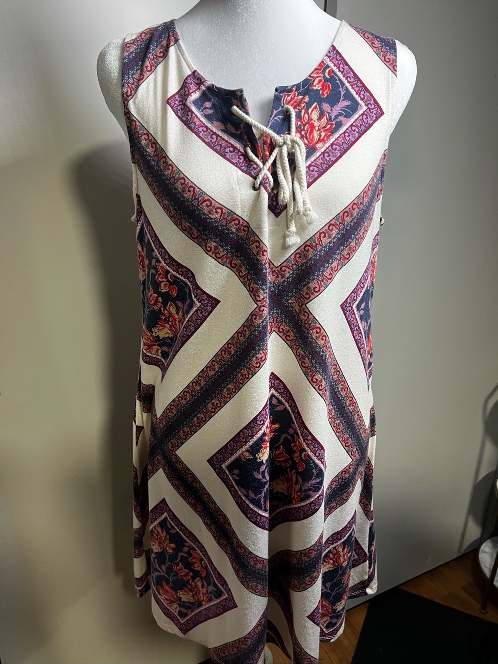 About A Girl Ivory Midi Dress with Navy and Purple Geometric Print
